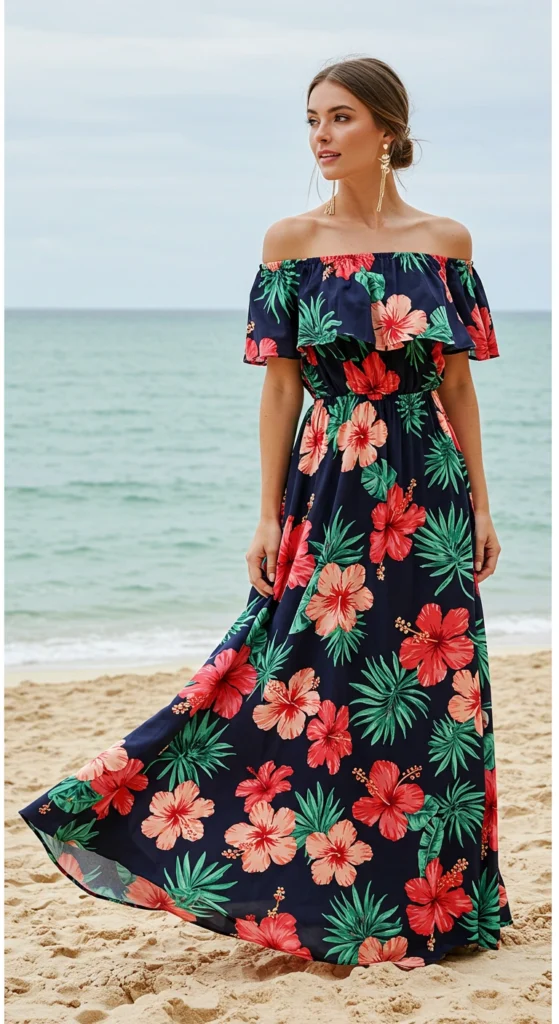 Off-Shoulder Tropical Print
