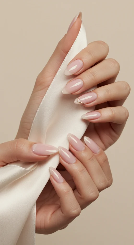 Sheer Pink Almond Nails with a Natural Gloss