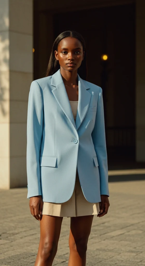 Boyish Blue Structured Blazer and Beige Pleated Shorts
