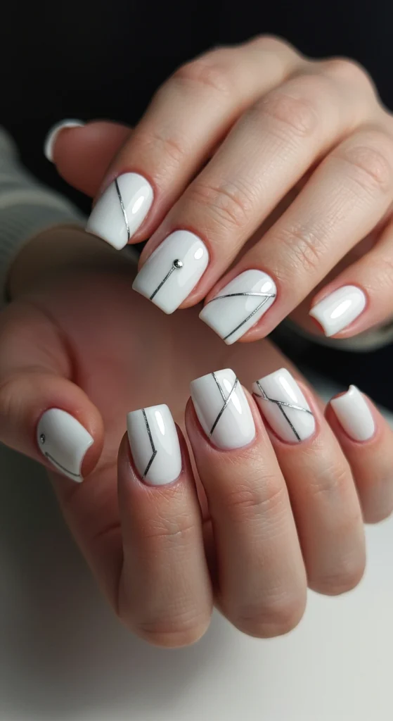 Geometric White and Silver Square Nails