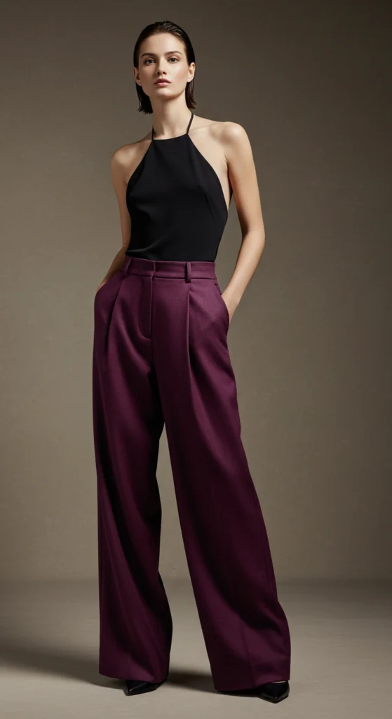 Wide-Leg Plum Trousers and Black Halter Top