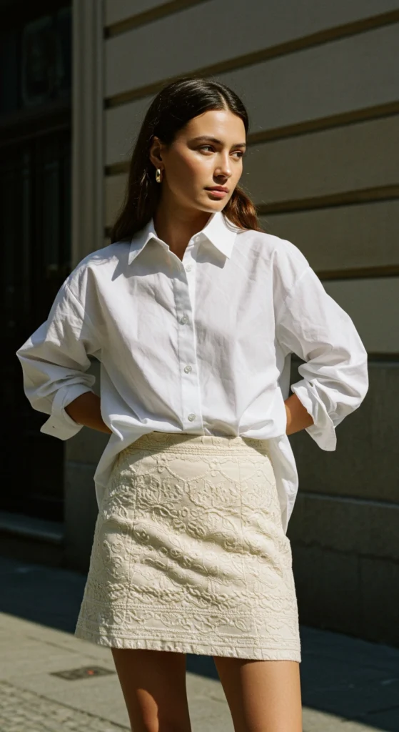 Crisp White Shirt and Embroidered Mini Skirt