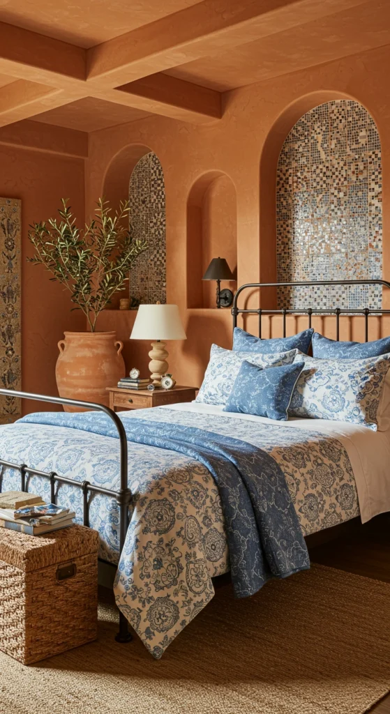 – Terracotta colors, arched details, and textured linens bring warmth to the underground space.