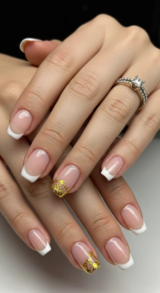 French Manicure with Gold Foil Details
