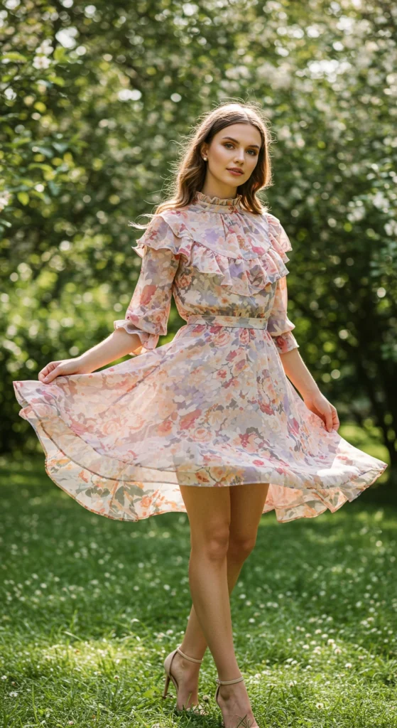 Romantic Ruffled Mini Dress with Soft Floral Print