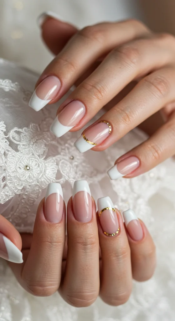 Nude and White French Manicure with Gold Highlights