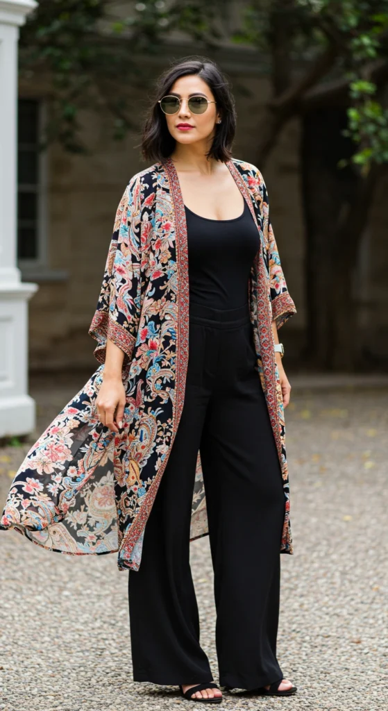 Printed Kimono with Monochrome Base