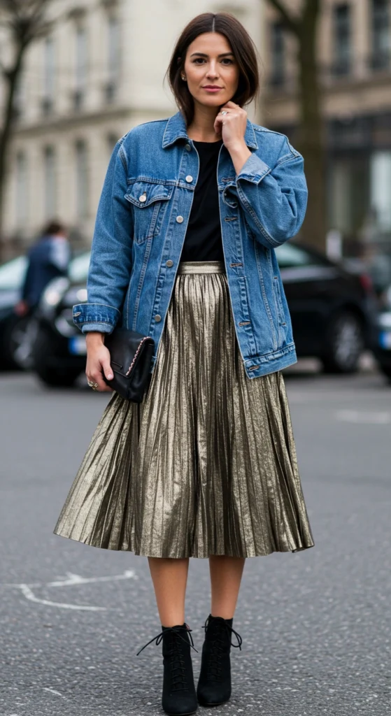 Metallic Pleated Skirt with Denim Jacket
