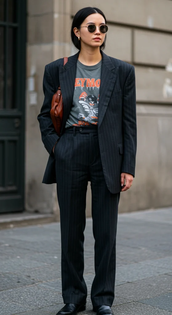 3. Pinstripe Power Suit with Graphic Tee