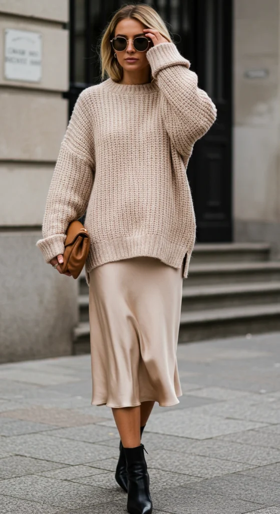 Satin Slip Skirt with Chunky Knit