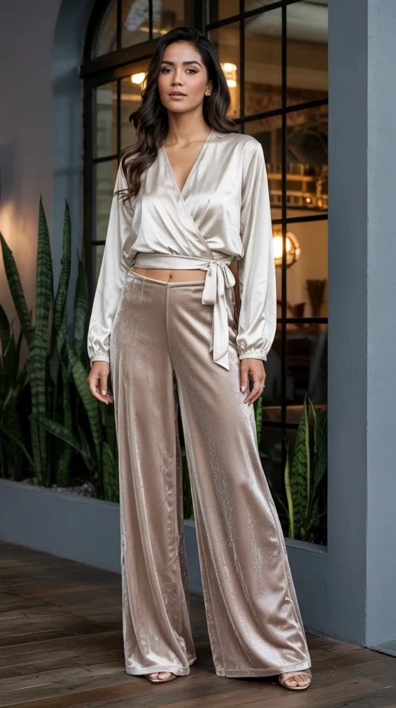 Velvet Palazzo Pants with Silk Wrap Top