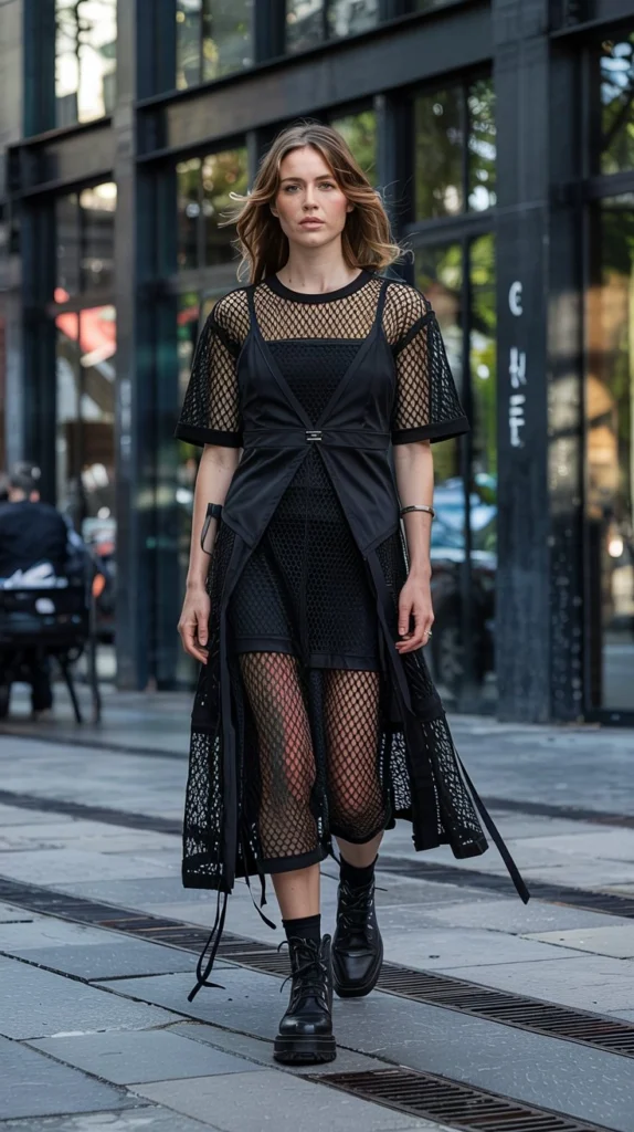 Layered Mesh Dress with Leather Jacket