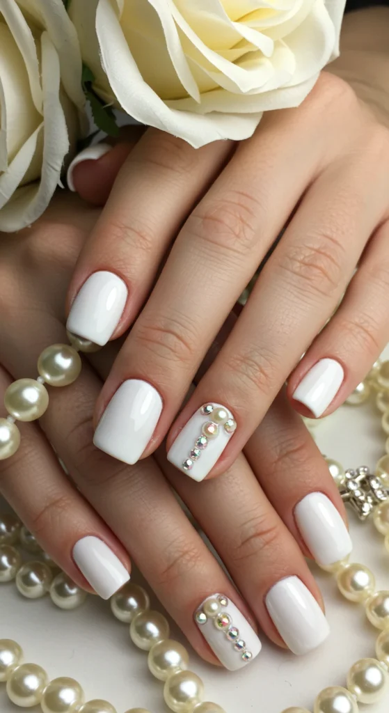 10. White Nails with Pearl Embellishments