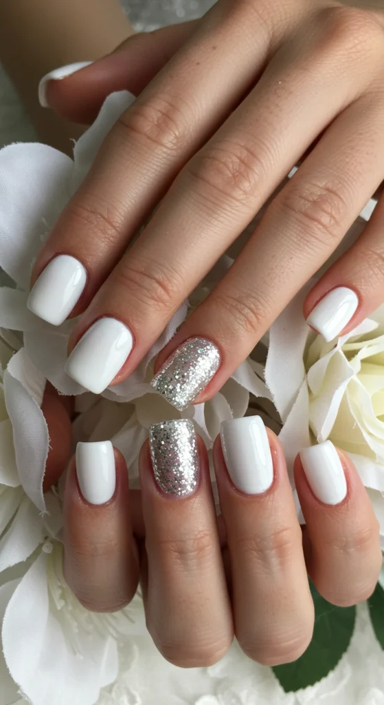 1. White Gloss with Silver Glitter Accent Nails