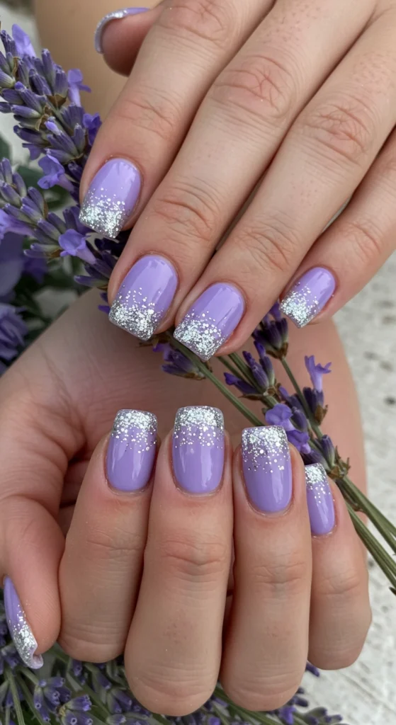 . Soft Lavender Nails with Glitter Tips