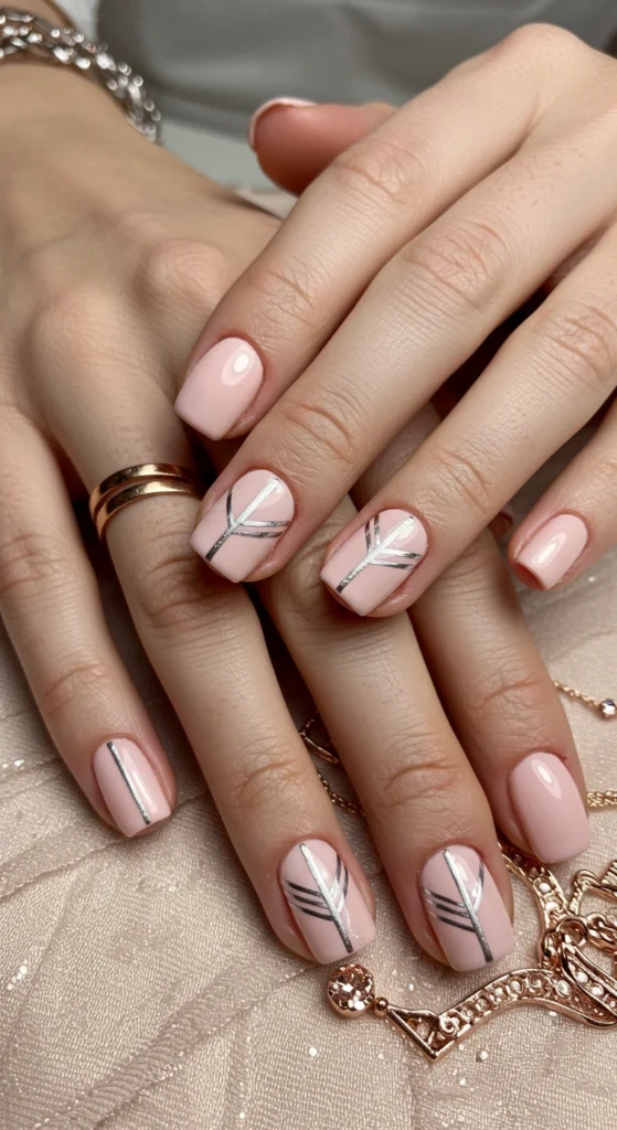 Blush Pink Nails with Silver Stripes