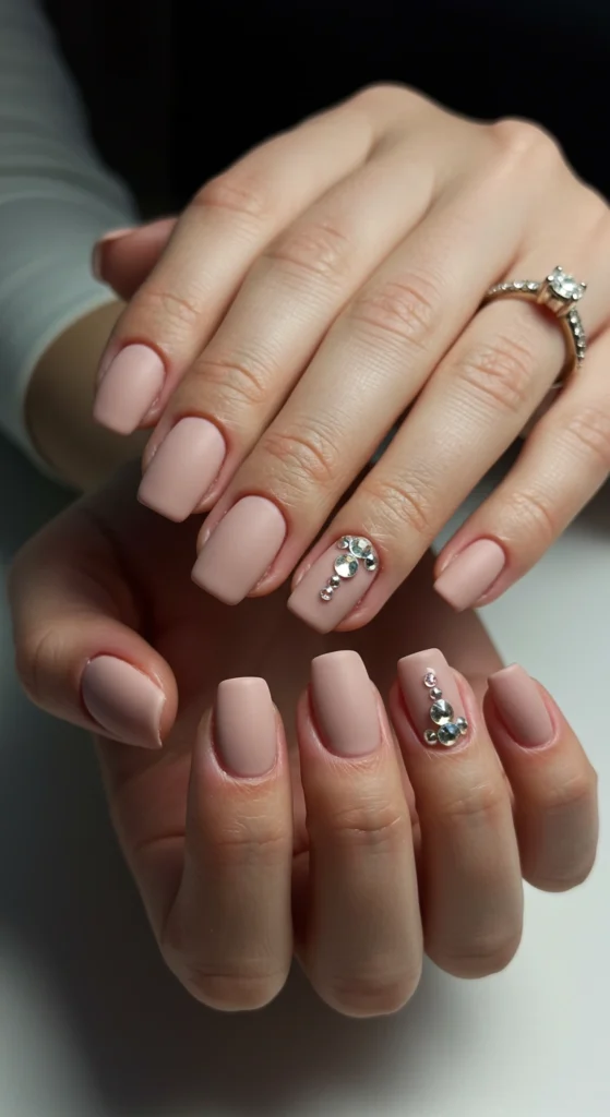 Nude Matte Nails with Rhinestone Accents
