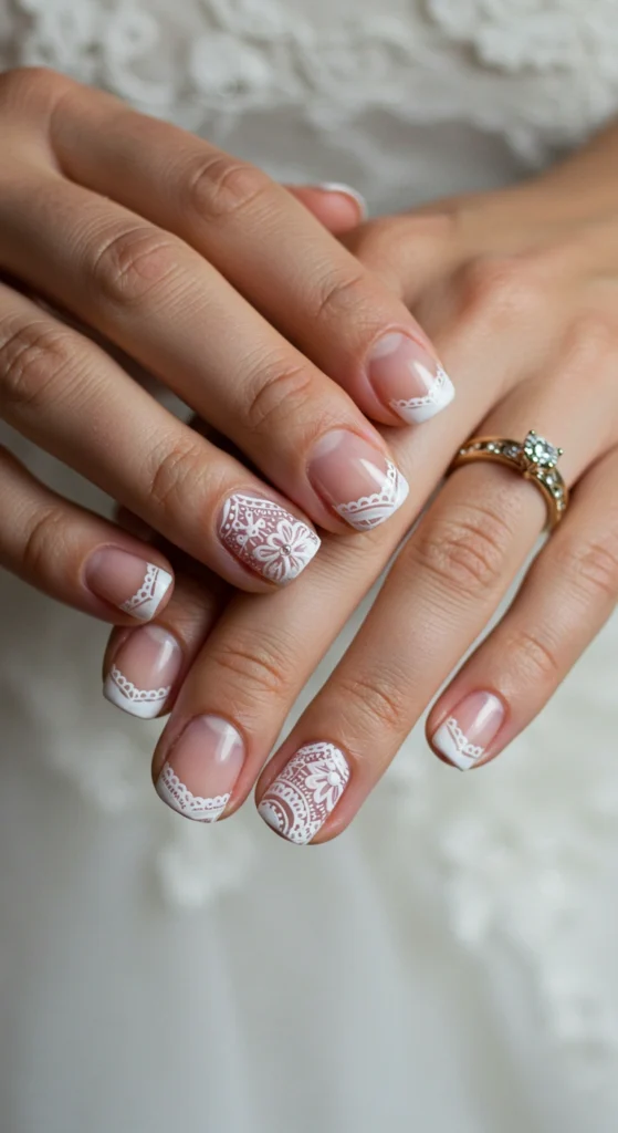 Clear Nails with White Lace Detailing