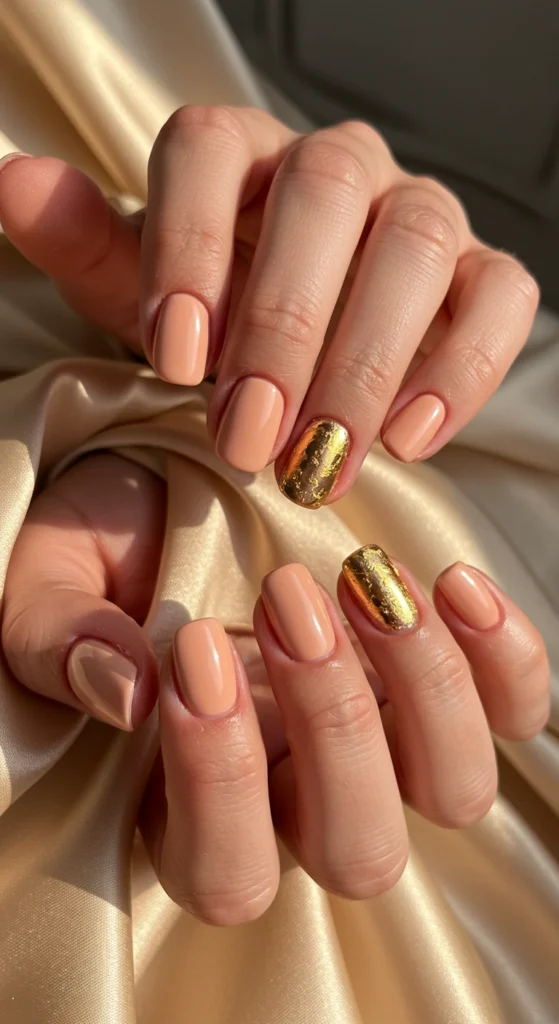Soft Peach Nails with Gold Foil
