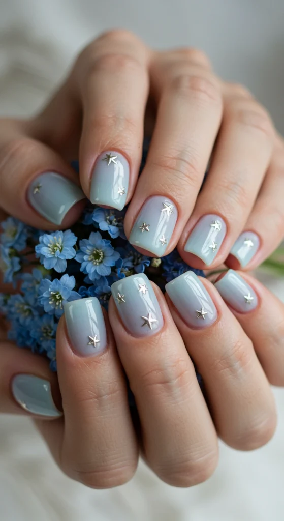 Pale Blue Nails with Silver Stars